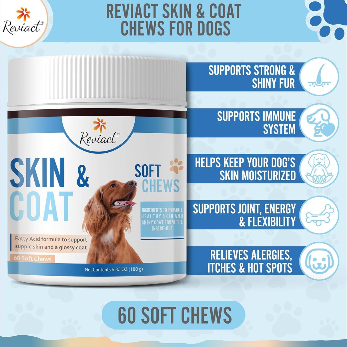 Reviact Skin and Coat Supplement for Dogs 60 Masticables