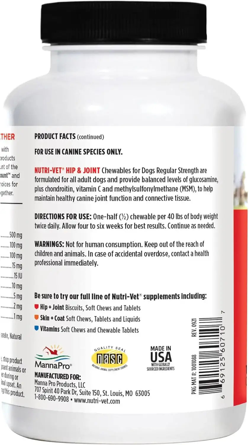 NUTRI-VET - Nutri-Vet Hip & Joint Chewable Dog Regular Strength 180 Tabletas Masticables - The Red Vitamin MX - Cuidado De Cadera Y Articulaciones Para Perros - {{ shop.shopifyCountryName }}