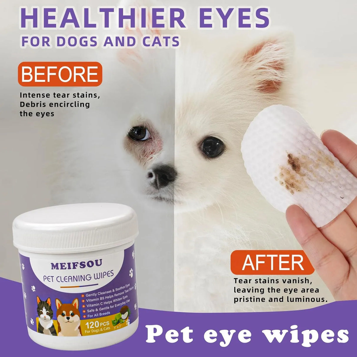 MEIFSOU - Meifsou Eyes Wipes for Dogs & Cats 120 Toallitas - The Red Vitamin MX - Cuidado De Los Ojos De Los Perros - {{ shop.shopifyCountryName }}