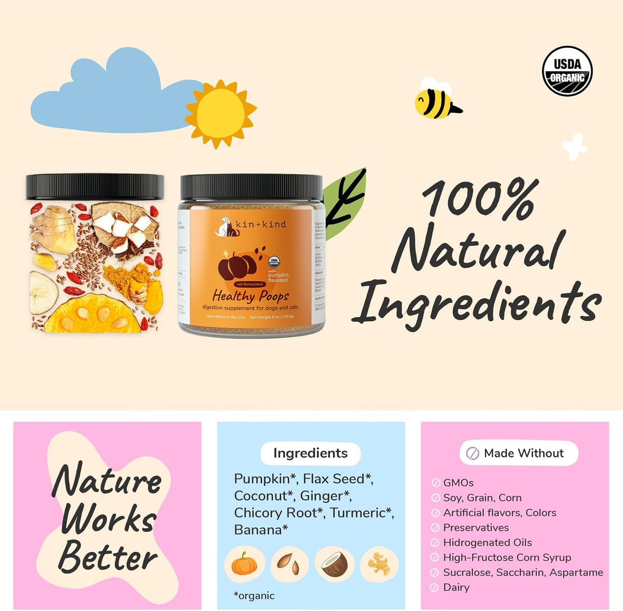 kin+kind Organic Pumpkin Powder for Dogs & Cats 226Gr.