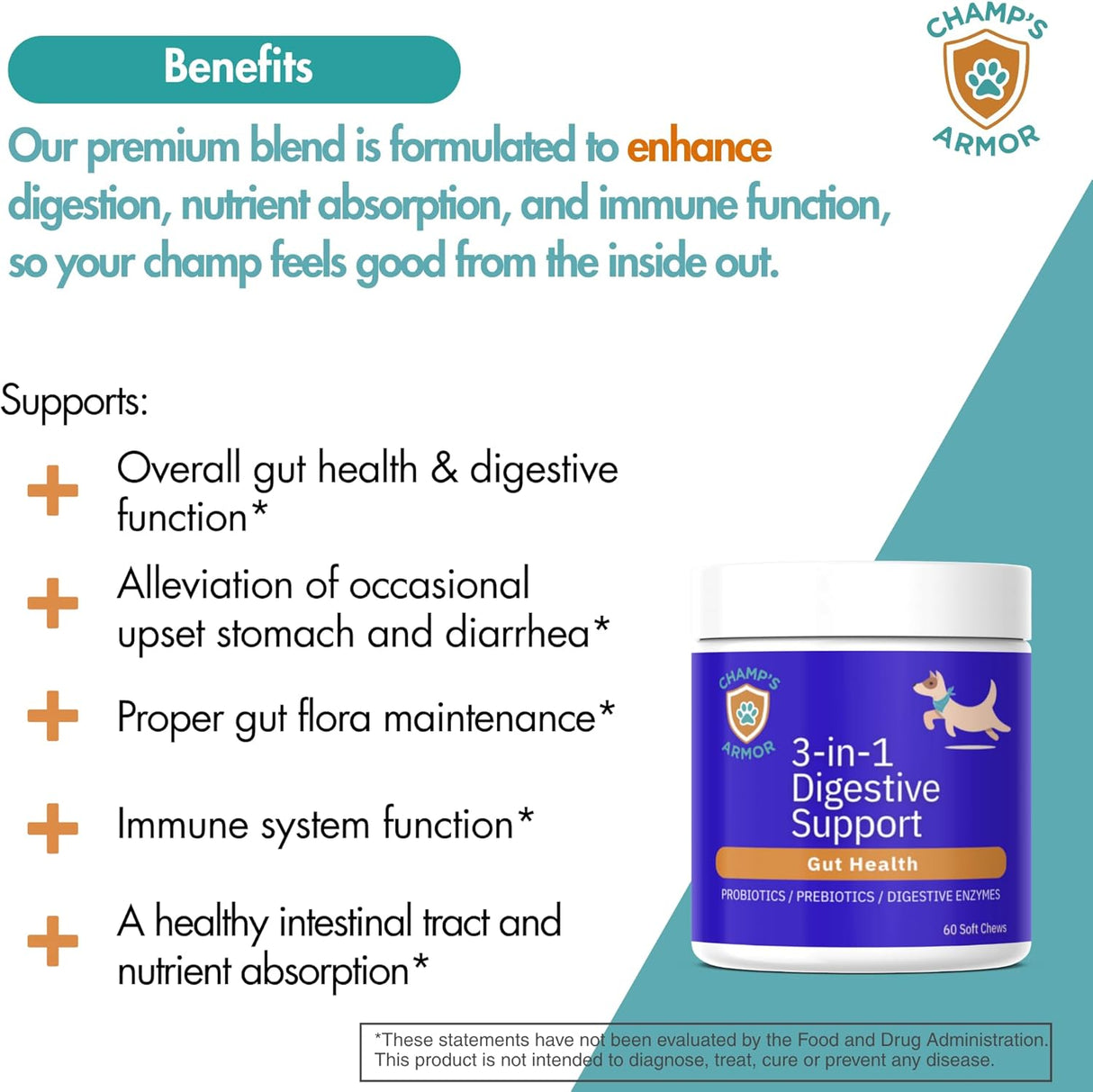 Champ’s Armor 3-in-1 Digestive Support for Dogs 60 Masticables