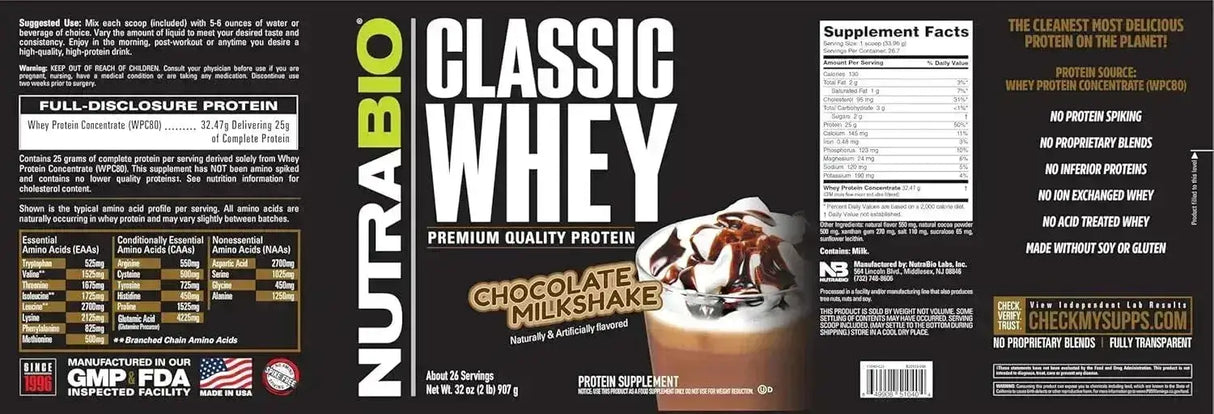 NUTRABIO - NutraBio Classic Whey Protein Powder Chocolate Milkshake 26 Servicios 907Gr. - The Red Vitamin MX - Suplementos Alimenticios - {{ shop.shopifyCountryName }}