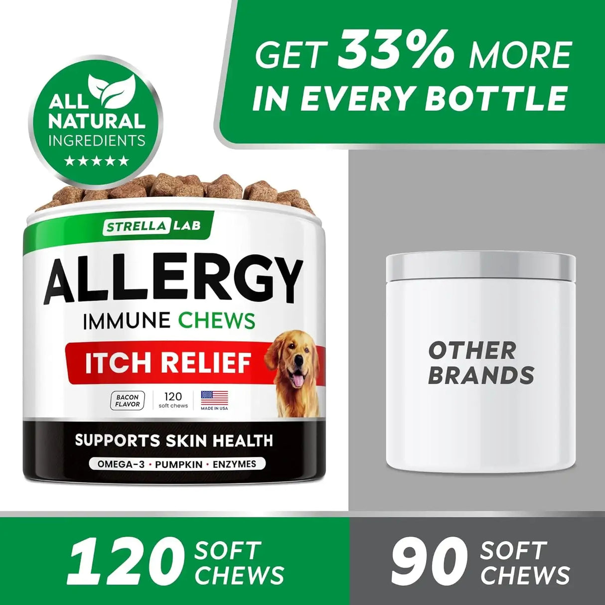 STRELLALAB - StrellaLab Dog Allergy Relief & Anti Itch Support Chews Bacon 120 Masticables - The Red Vitamin MX - Remedios Para La Picazón De Perros - {{ shop.shopifyCountryName }}