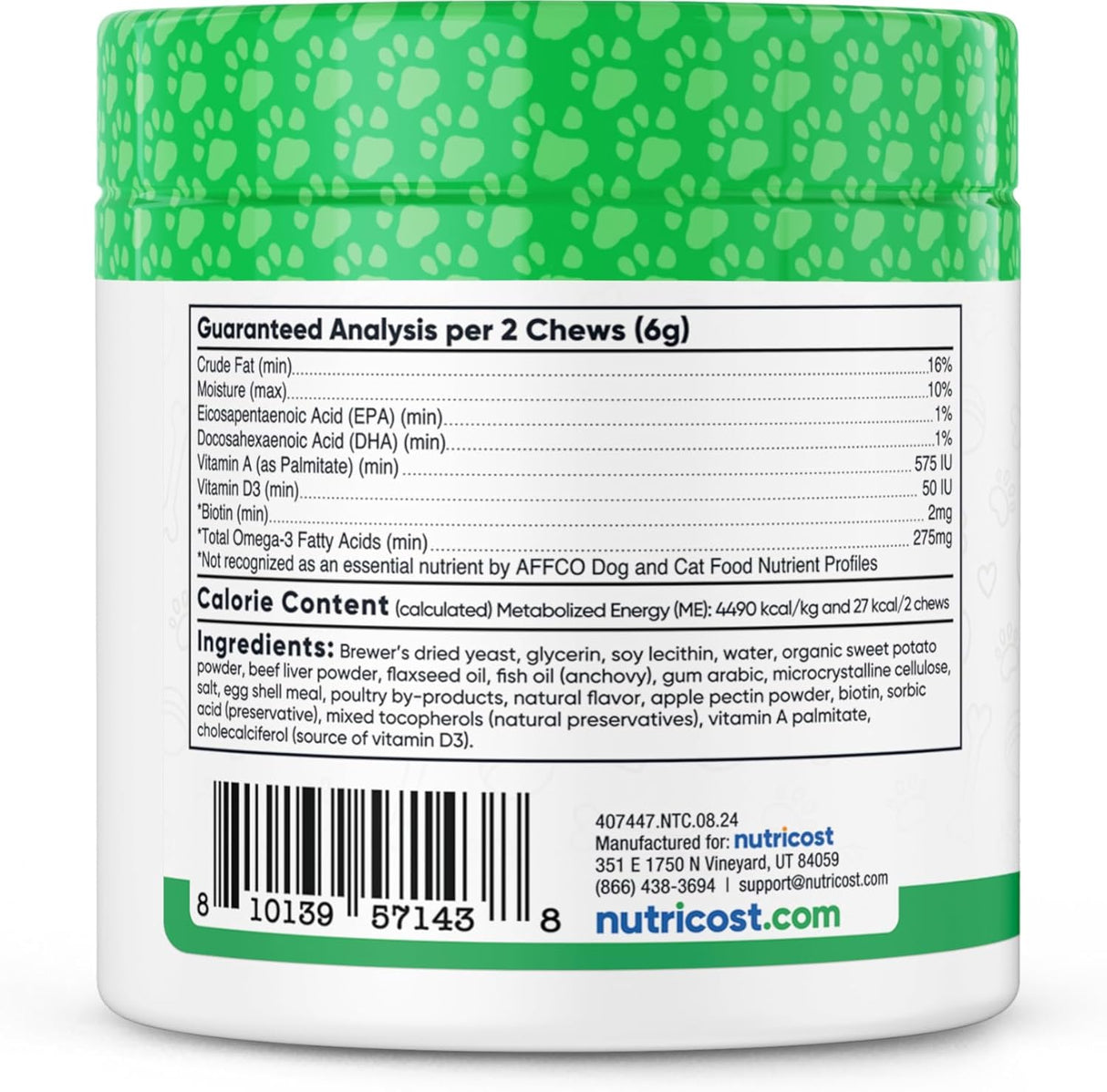 Nutricost Pets Skin & Coat Support Soft Chews for Dogs Beef Flavored 60 Masticables