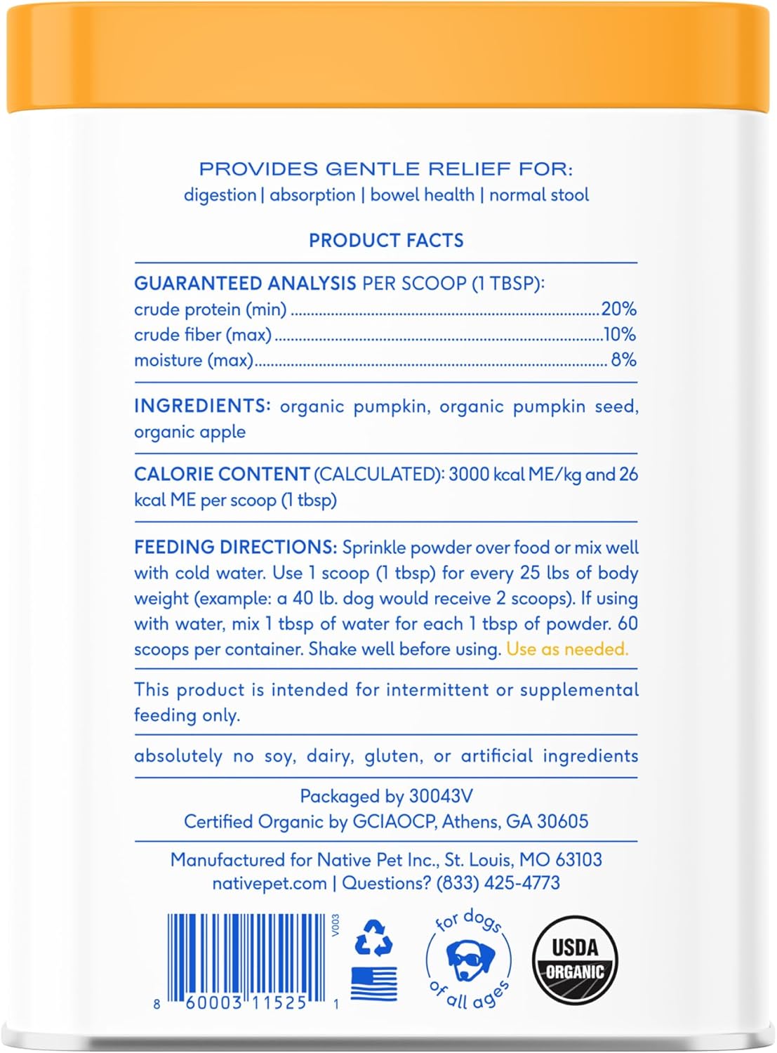 Native Pet Pumpkin for Dogs 60 Servicios 453Gr.