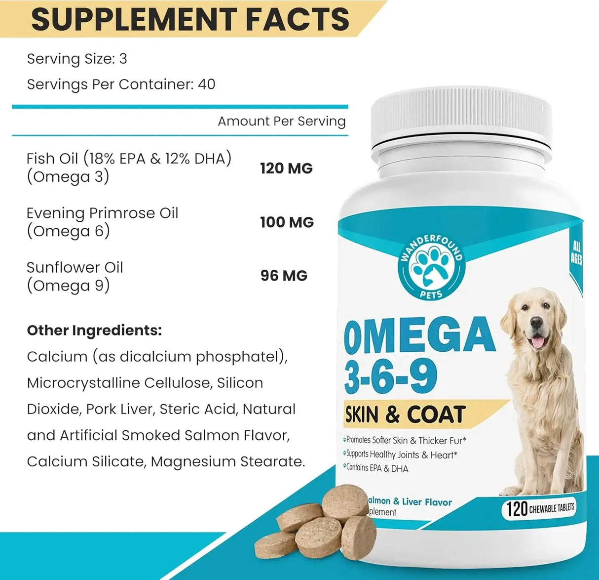 WANDERFOUND PETS - Wanderfound Pets Omega 3 Fish Oil for Dogs Smoked Salmon and Liver Flavor 120 Tabletas Masticables - The Red Vitamin MX - Aceite De Pescado Para Perros - {{ shop.shopifyCountryName }}