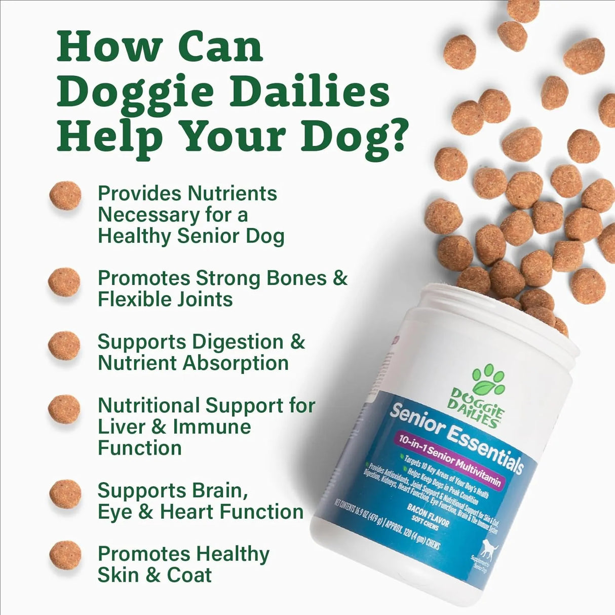 DOGGIE DAILIES - Doggie Dailies Senior Essentials Multivitamin for Dogs Bacon Flavor 120 Masticables - The Red Vitamin MX - Multivitamínicos Para Perros - {{ shop.shopifyCountryName }}