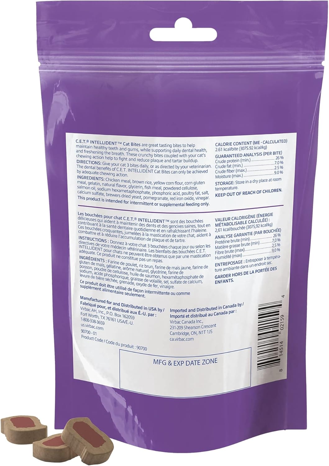 Virbac C.E.T. IntelliDent Cat Bites Dental Care Cat Treats 90 Masticables