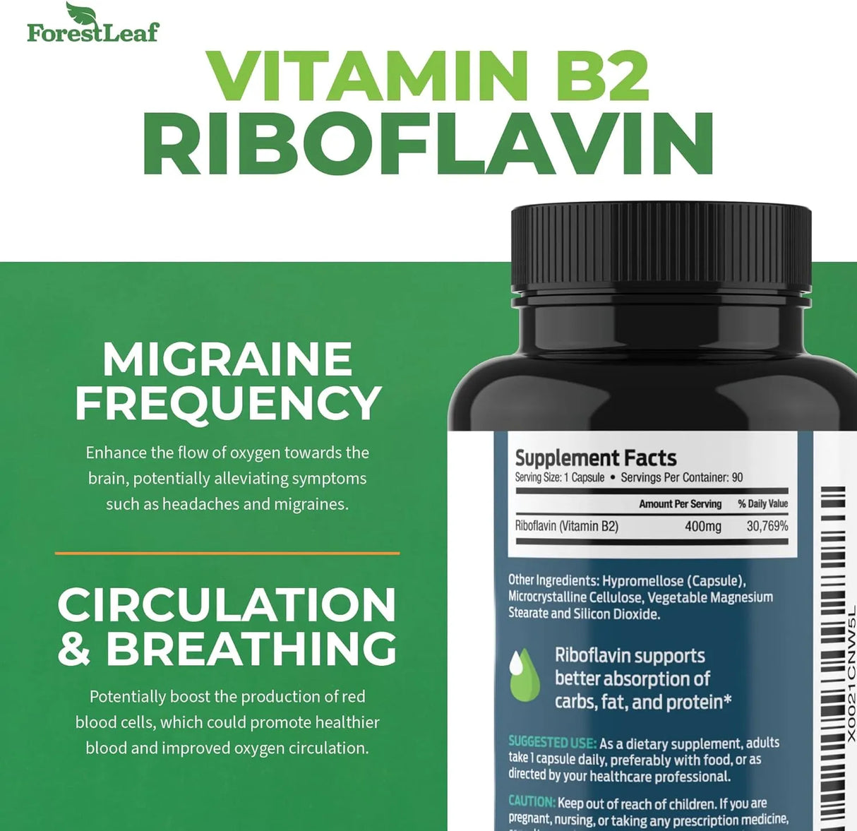 FOREST LEAF - ForestLeaf Vitamin B2 Riboflavin 400Mg. 90 Capsulas - The Red Vitamin MX - Suplementos Alimenticios - {{ shop.shopifyCountryName }}