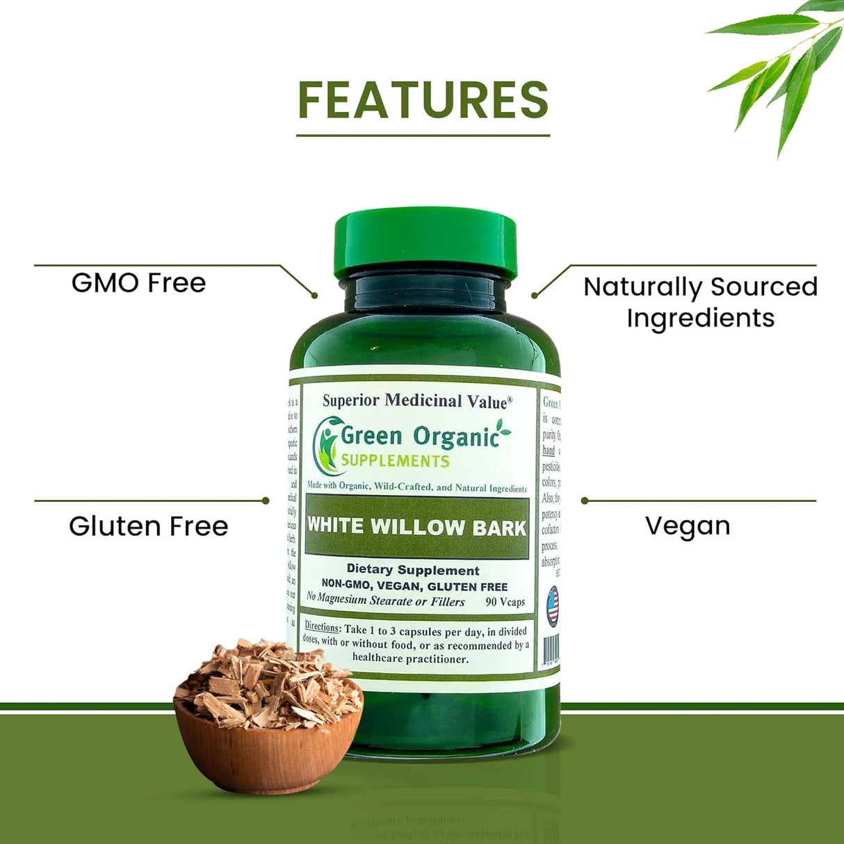 GREEN ORGANIC SUPPLEMENTS - Green Organic Supplements White Willow Bark 90 Capsulas - The Red Vitamin MX - Suplementos Alimenticios - {{ shop.shopifyCountryName }}
