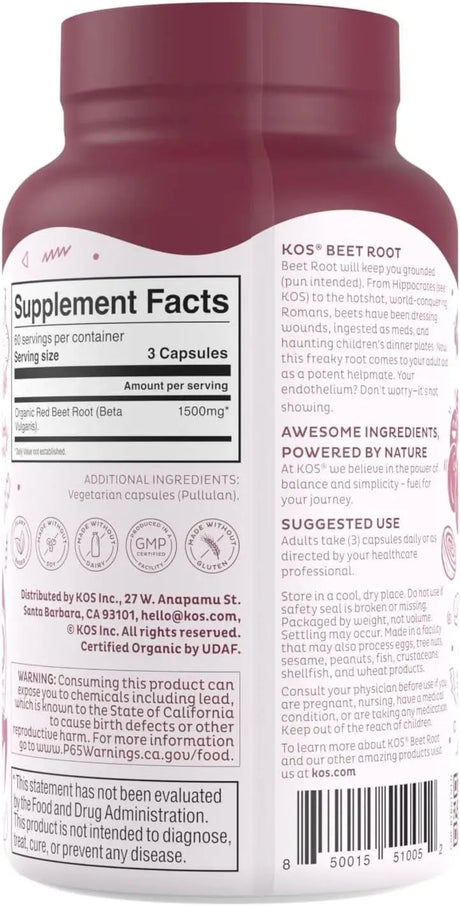 KOS - KOS Organic Beet Root 1500Mg. 180 Capsulas - The Red Vitamin MX - Suplementos Alimenticios - {{ shop.shopifyCountryName }}