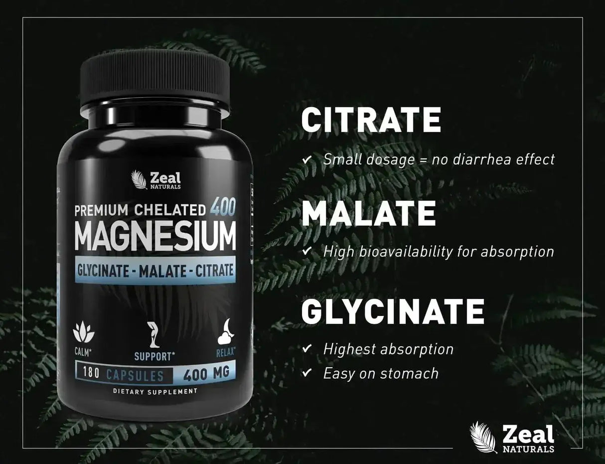 ZEAL NATURALS - Zeal Naturals Premium Chelated Magnesium Glycinate, Malate, Citrate 400Mg. 180 Capsulas - The Red Vitamin MX - Suplementos Alimenticios - {{ shop.shopifyCountryName }}