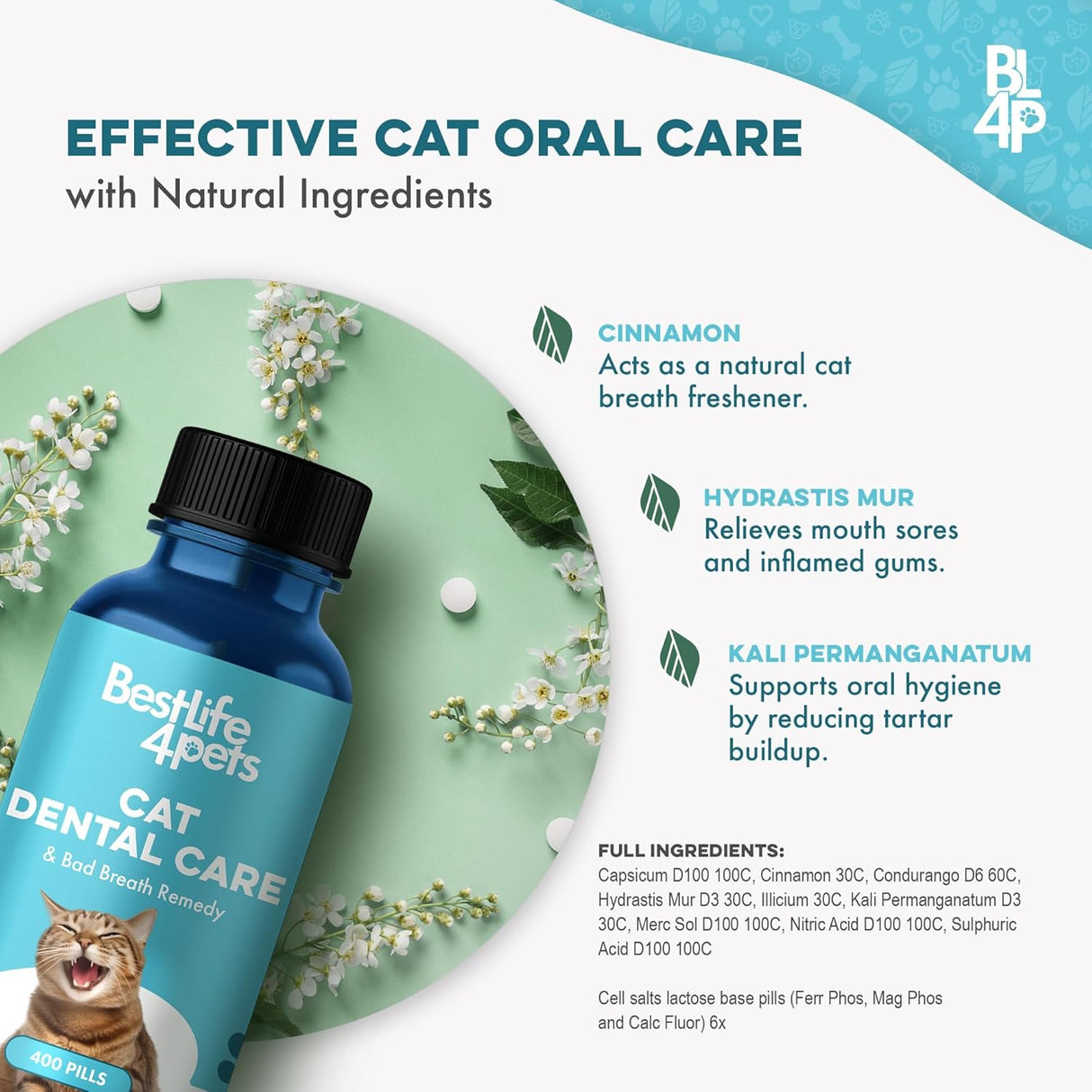 BestLife4Pets Cat Dental Supplement for Bad Breath Tartar & Gum Support 400 Tabletas