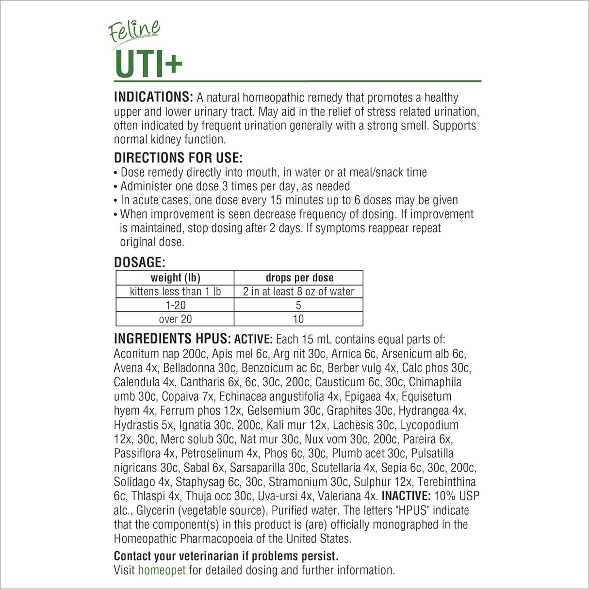 HomeoPet Feline UTI Plus Safe and Natural Urinary Tract Supplement for Cats 15Ml. 2 Pack