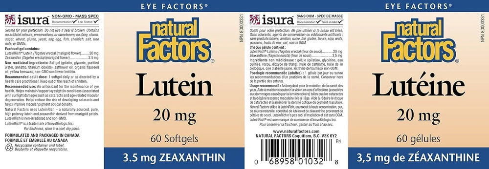 NATURAL FACTORS - Natural Factors Lutein 20Mg. 60 Capsulas Blandas - The Red Vitamin MX - Suplementos Alimenticios - {{ shop.shopifyCountryName }}