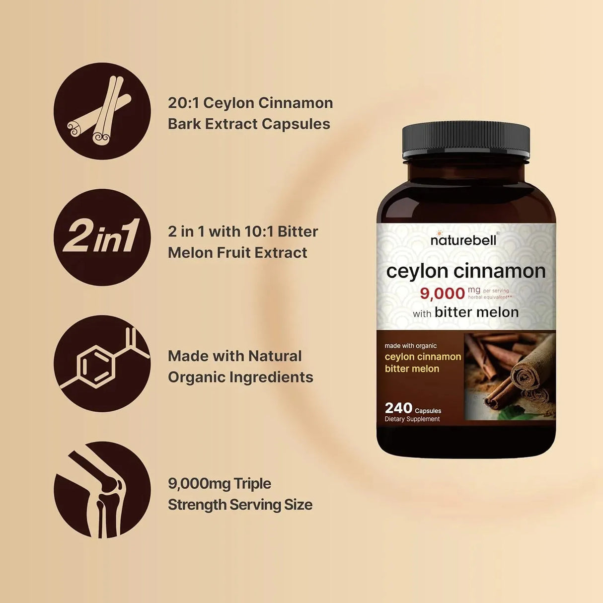 NATUREBELL - NatureBell Ceylon Cinnamon 9,000Mg. 240 Capsulas - The Red Vitamin MX - Suplementos Alimenticios - {{ shop.shopifyCountryName }}