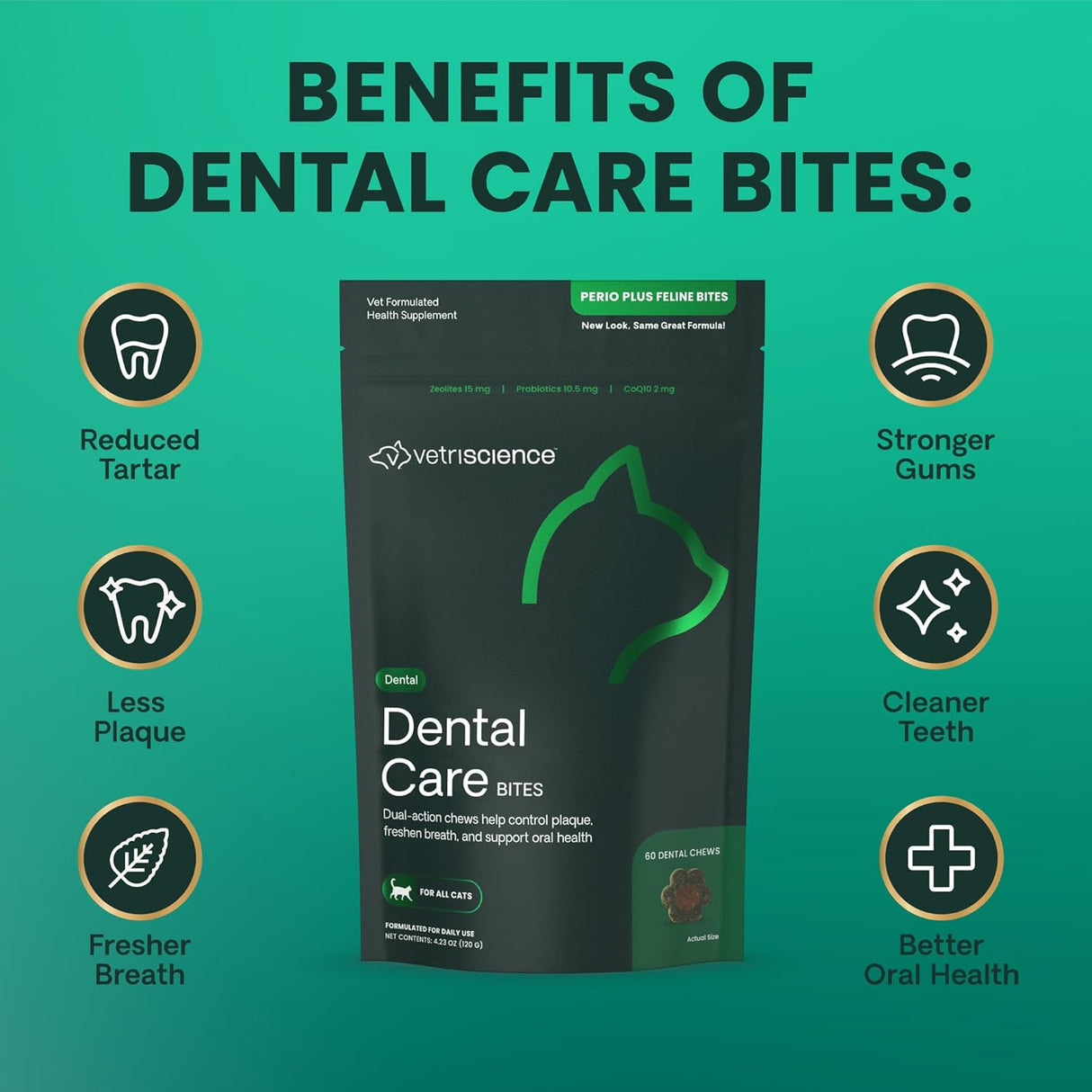 VetriScience Perio Plus Cat Teeth Cleaning Bites Chicken Flavor 60 Masticables