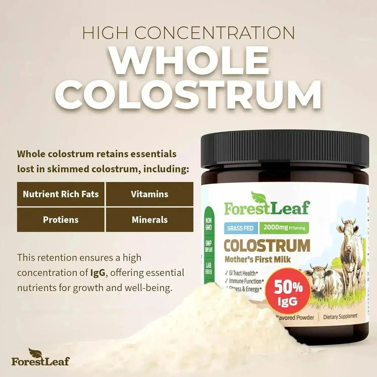 FOREST LEAF - ForestLeaf Colostrum Powder 50% IgG Unflavored 45 Servicios 90Gr. - The Red Vitamin MX - Suplementos Alimenticios - {{ shop.shopifyCountryName }}