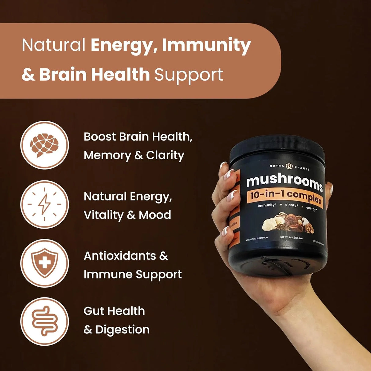 NUTRACHAMPS - NutraChamps Organic Mushroom Powder 10-in-1 Complex 226Gr. - The Red Vitamin MX - Suplementos Alimenticios - {{ shop.shopifyCountryName }}