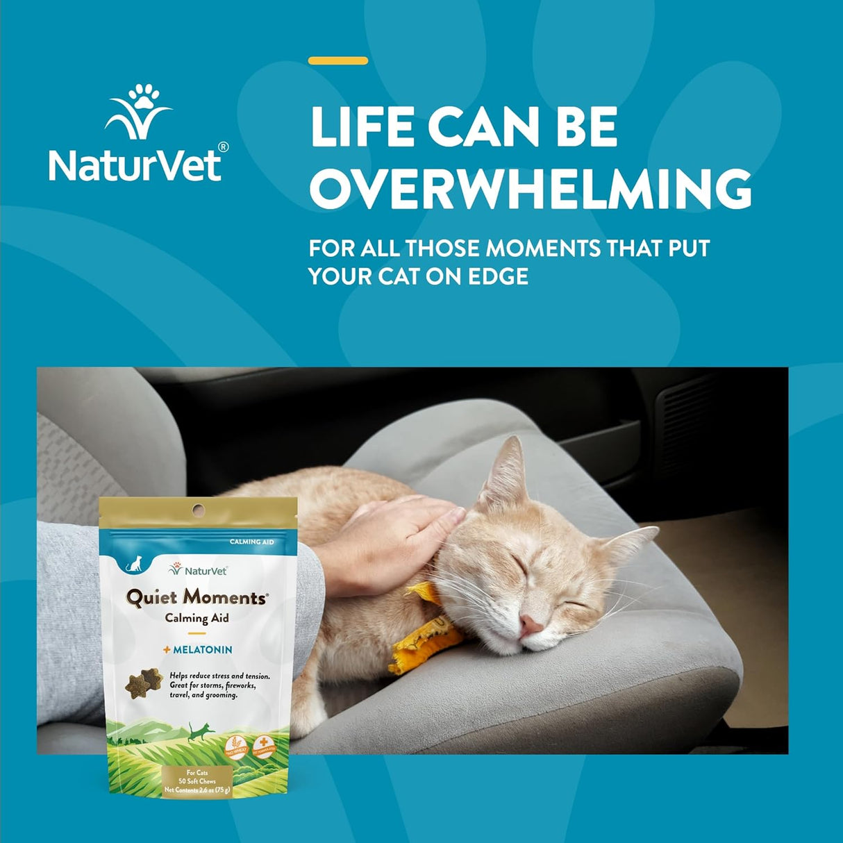 NaturVet Quiet Moments Calming Aid Cat Supplement Plus Melatonin 50 Masticables
