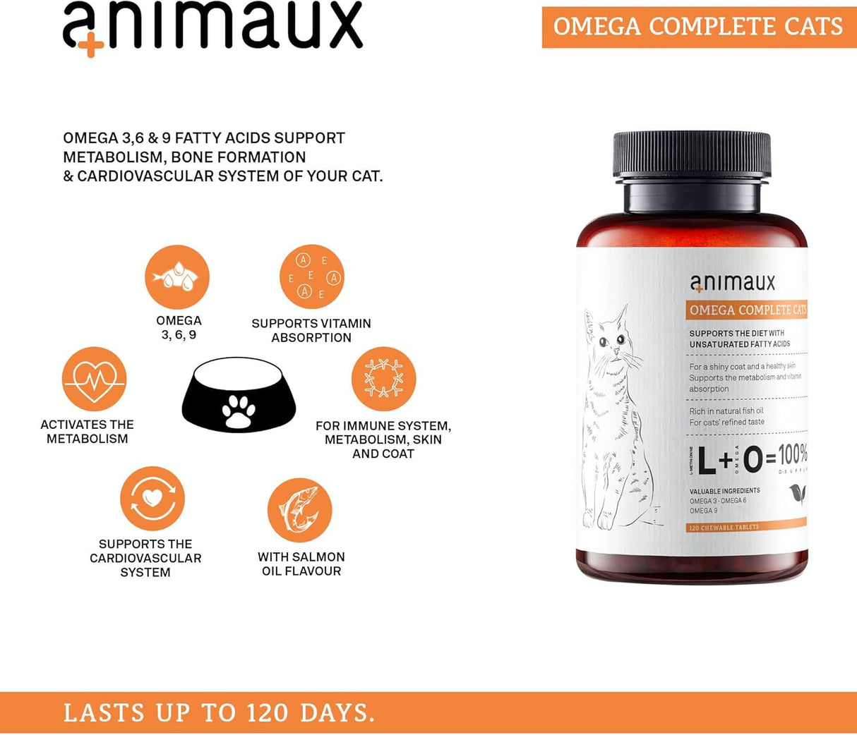 animaux Omega Complete for Cats Fish Oil Tablets 120 Tabletas Masticables