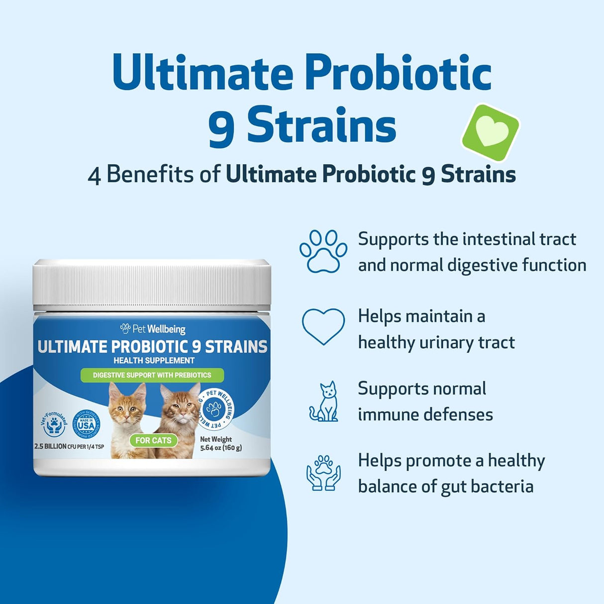 Pet Wellbeing Ultimate Probiotic 9 Strains with Prebiotics for Cats Powder 160Gr.