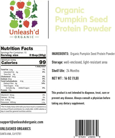 UNLEASH'D ORGANIC - UNLEASH'D ORGANIC Organic Pumpkin Seed Protein Powder 1 Lb. - The Red Vitamin MX - Suplementos Alimenticios - {{ shop.shopifyCountryName }}