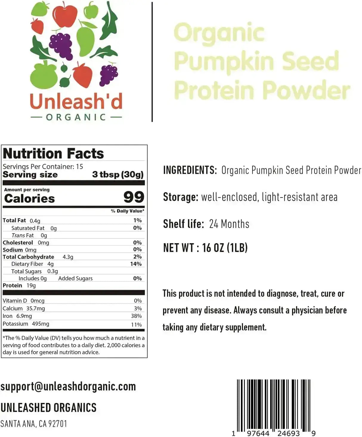 UNLEASH'D ORGANIC - UNLEASH'D ORGANIC Organic Pumpkin Seed Protein Powder 1 Lb. - The Red Vitamin MX - Suplementos Alimenticios - {{ shop.shopifyCountryName }}