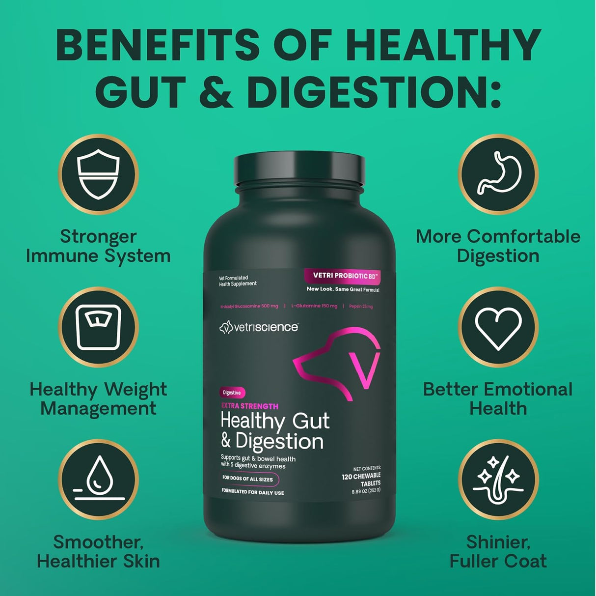 VetriScience Extra Strength Healthy Gut & Digestion 120 Tabletas Masticables