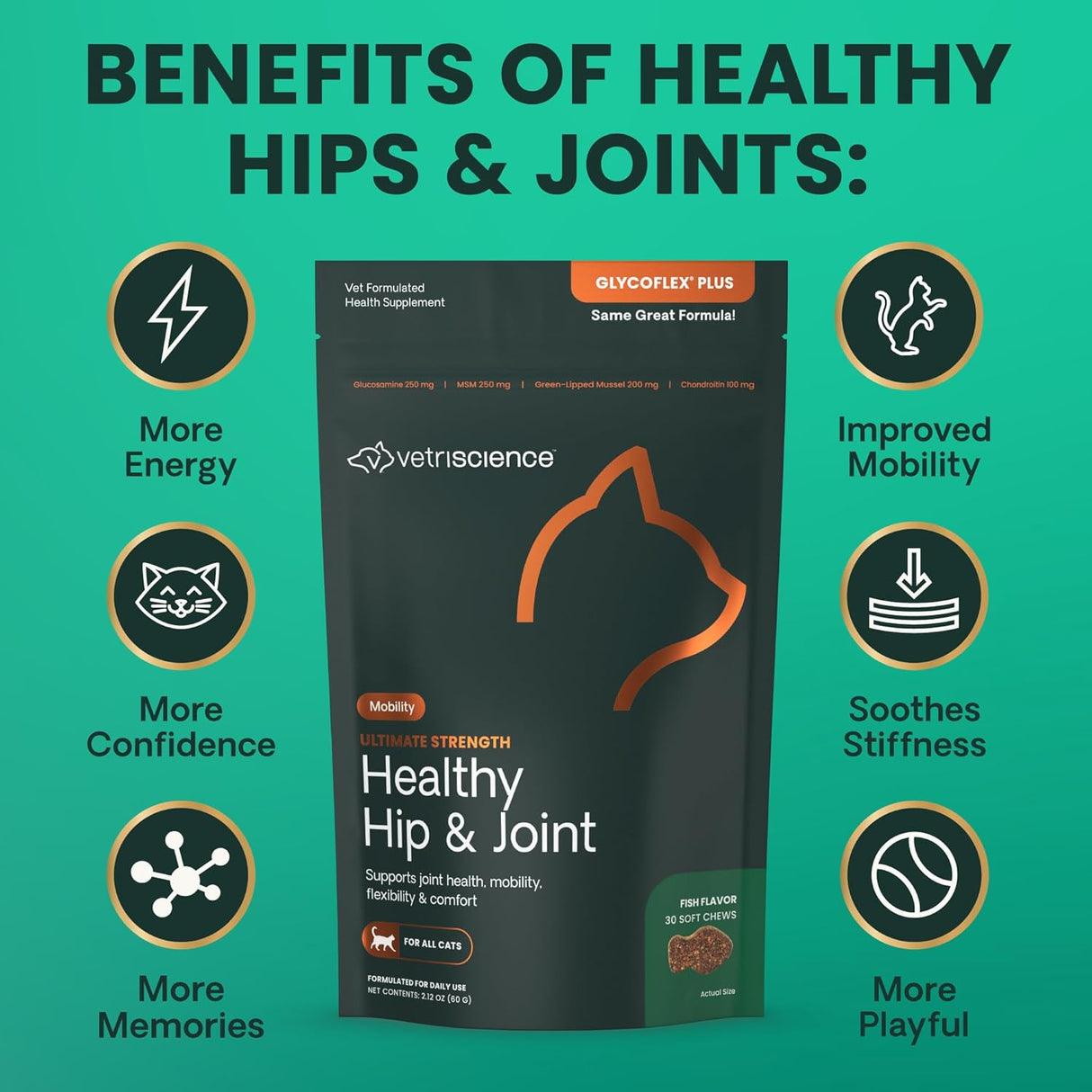 VetriScience Ultimate Strength Healthy Hip & Joint Chews Cats Fish Flavor 30 Masticables