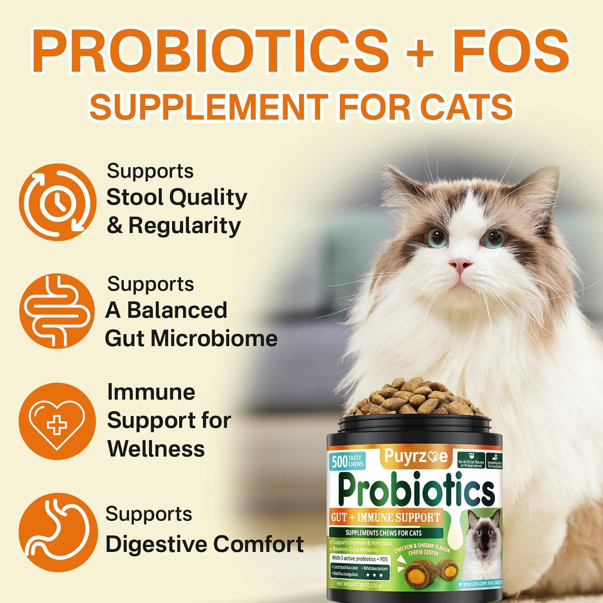 Puyrzoe Cat Probiotics & FOS 500 Masticables