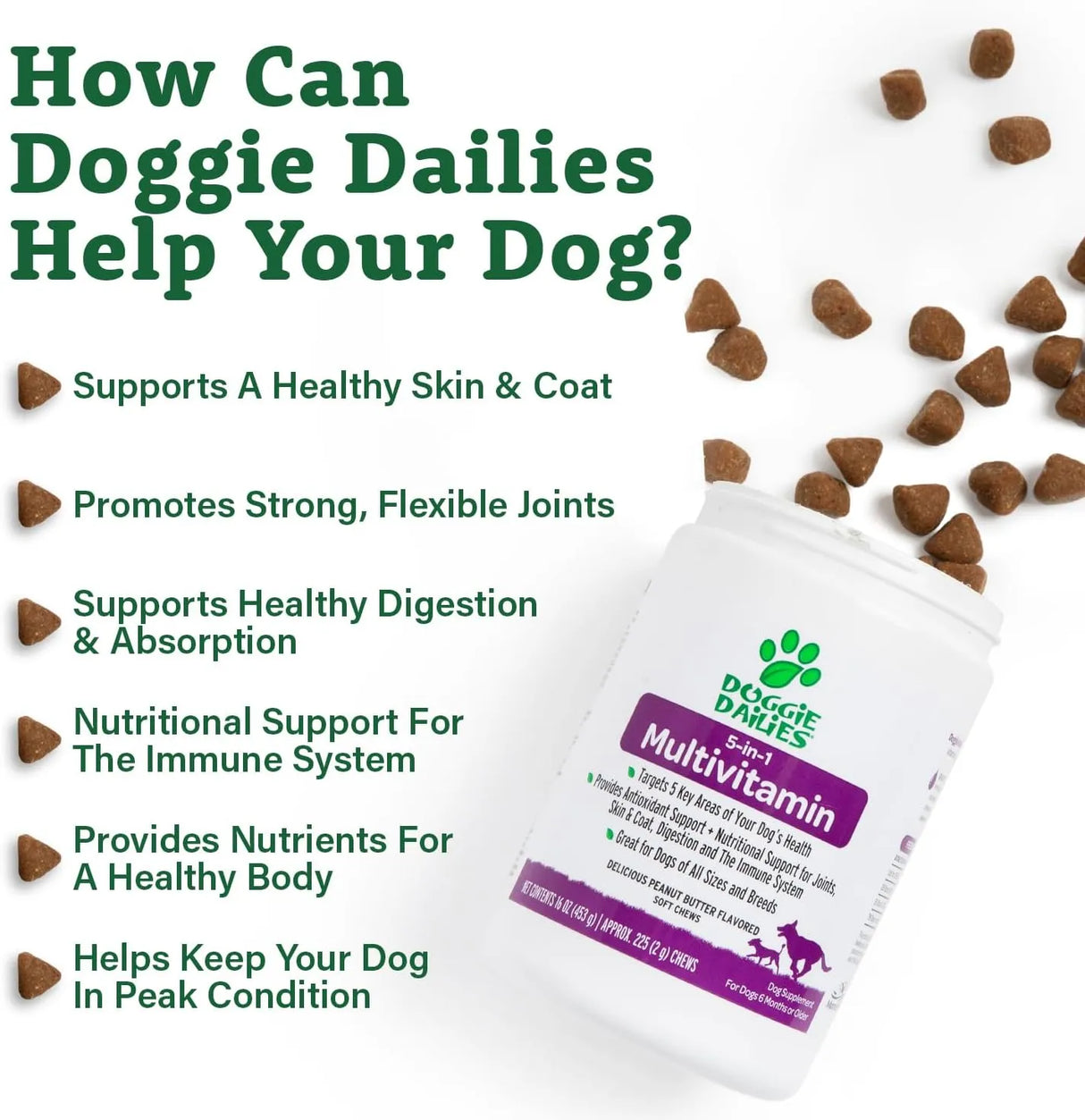 DOGGIE DAILIES - Doggie Dailies 5 in 1 Multivitamin for Dogs Peanut Butter 225 Masticables - The Red Vitamin MX - Multivitamínicos Para Perros - {{ shop.shopifyCountryName }}