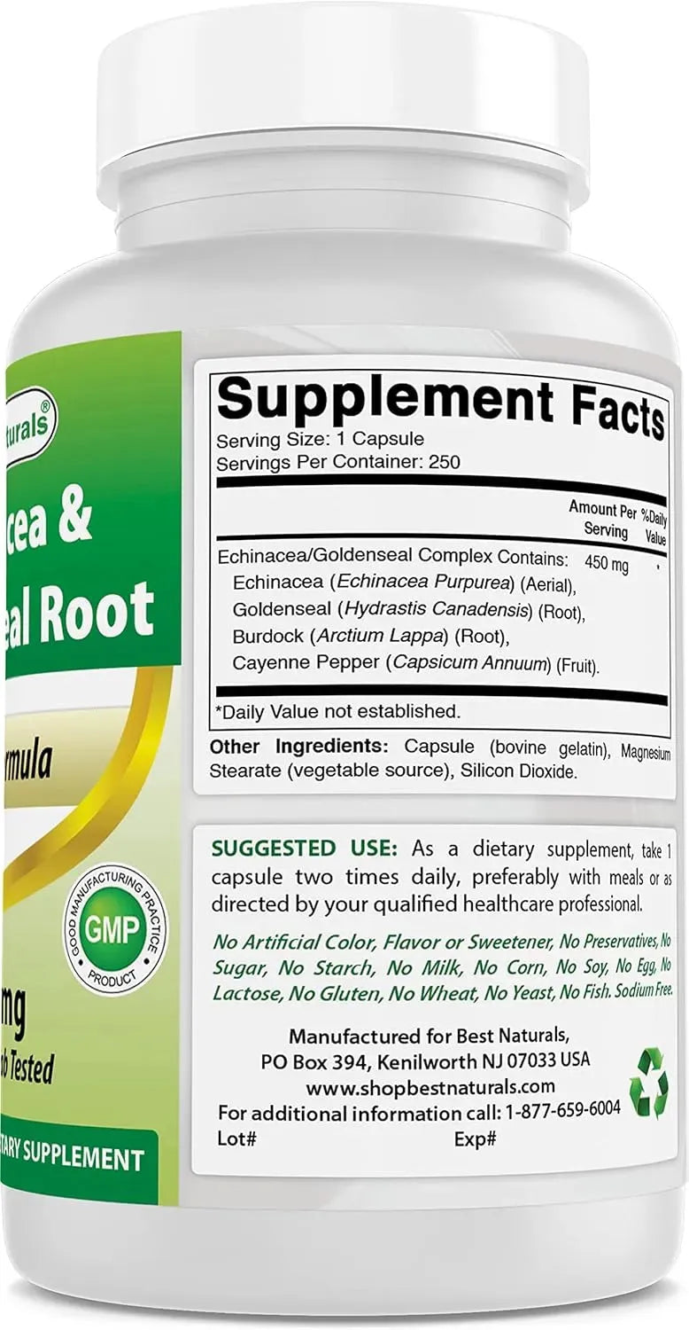 BEST NATURALS - Best Naturals Echinacea Goldenseal 450Mg. 250 Capsulas - The Red Vitamin MX - Suplementos Alimenticios - {{ shop.shopifyCountryName }}
