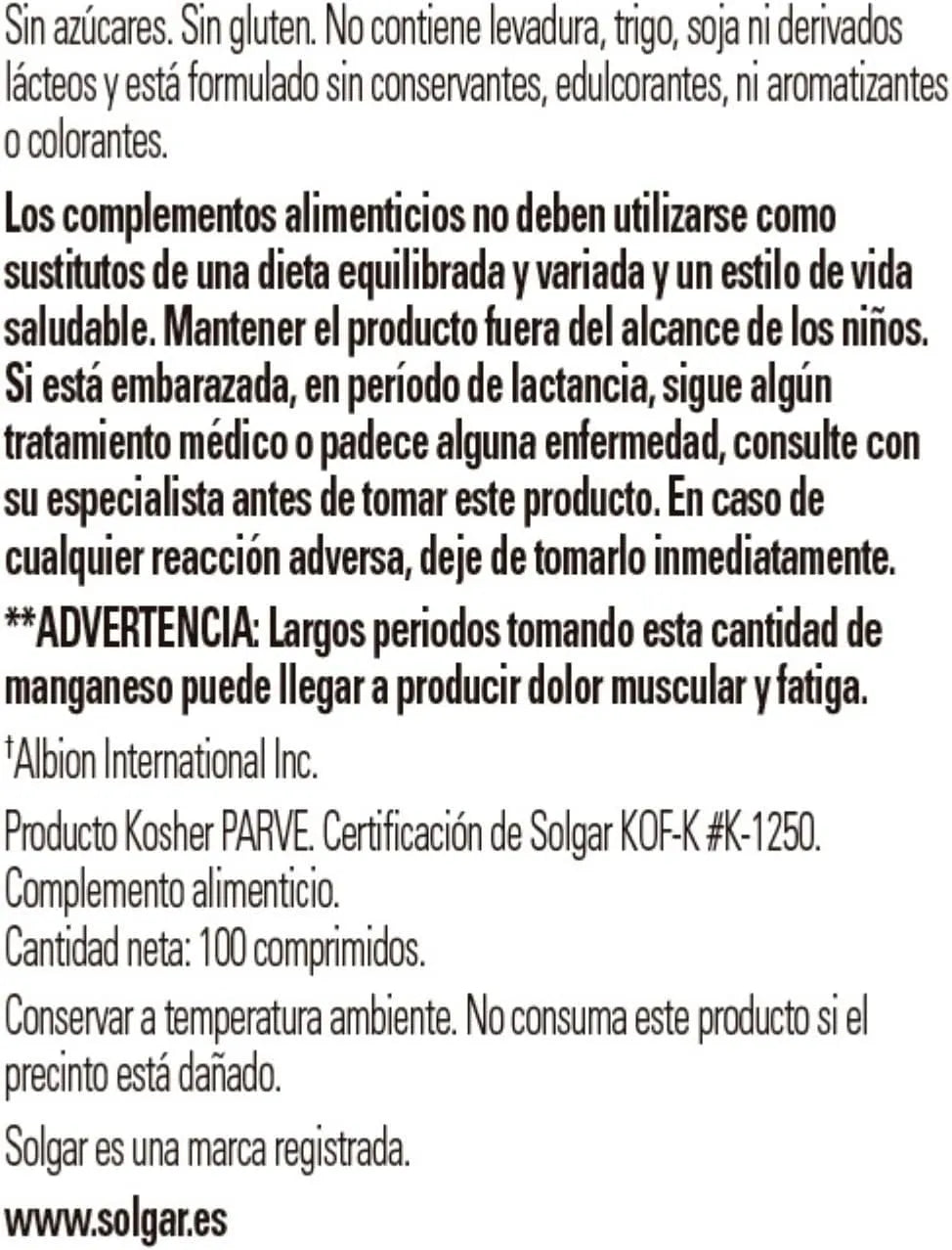 SOLGAR - Solgar Chelated Manganese 100 Tabletas - The Red Vitamin MX - Suplementos Alimenticios - {{ shop.shopifyCountryName }}