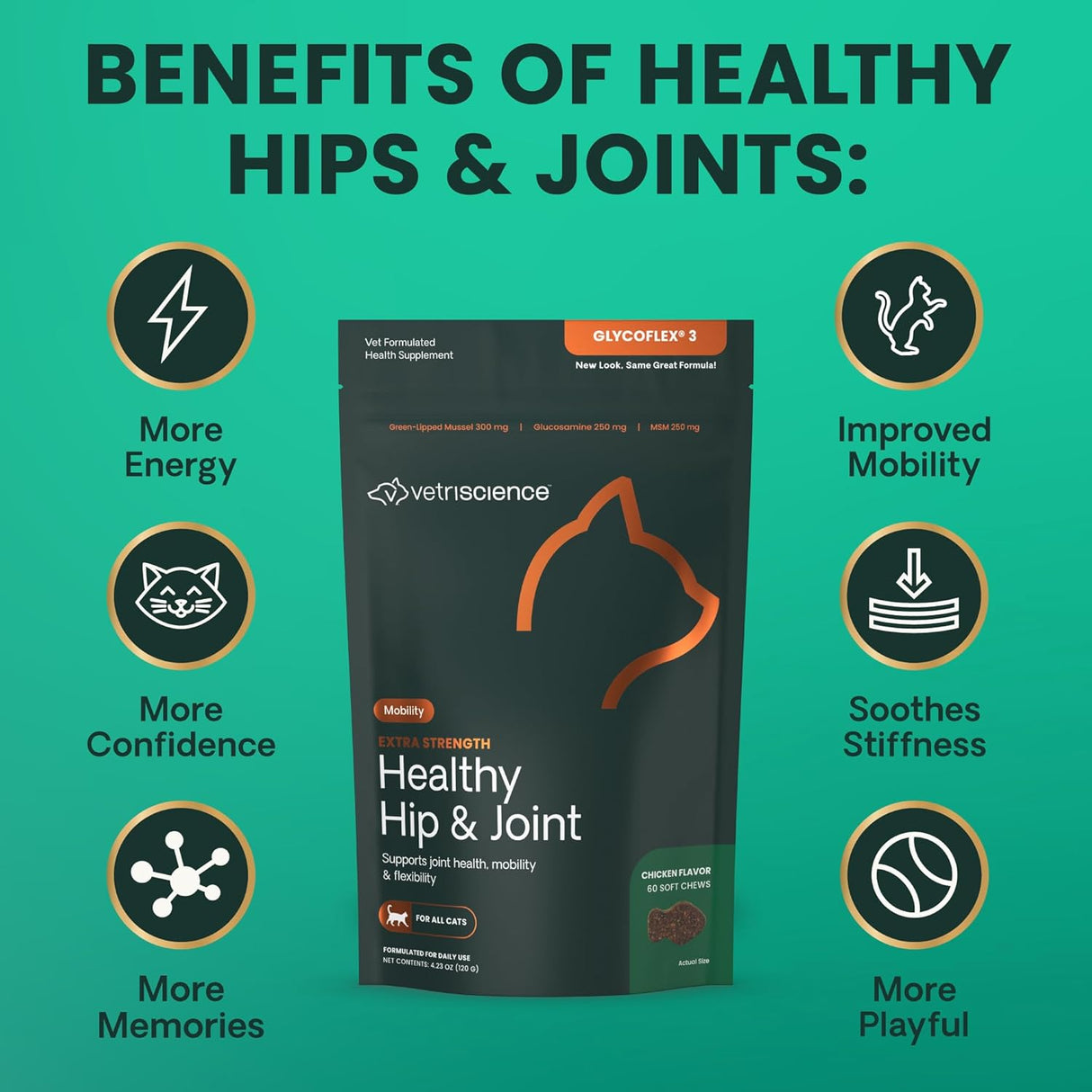 VetriScience Extra Strength Healthy Hip & Joint Chews Cats Chicken Flavor 60 Masticables