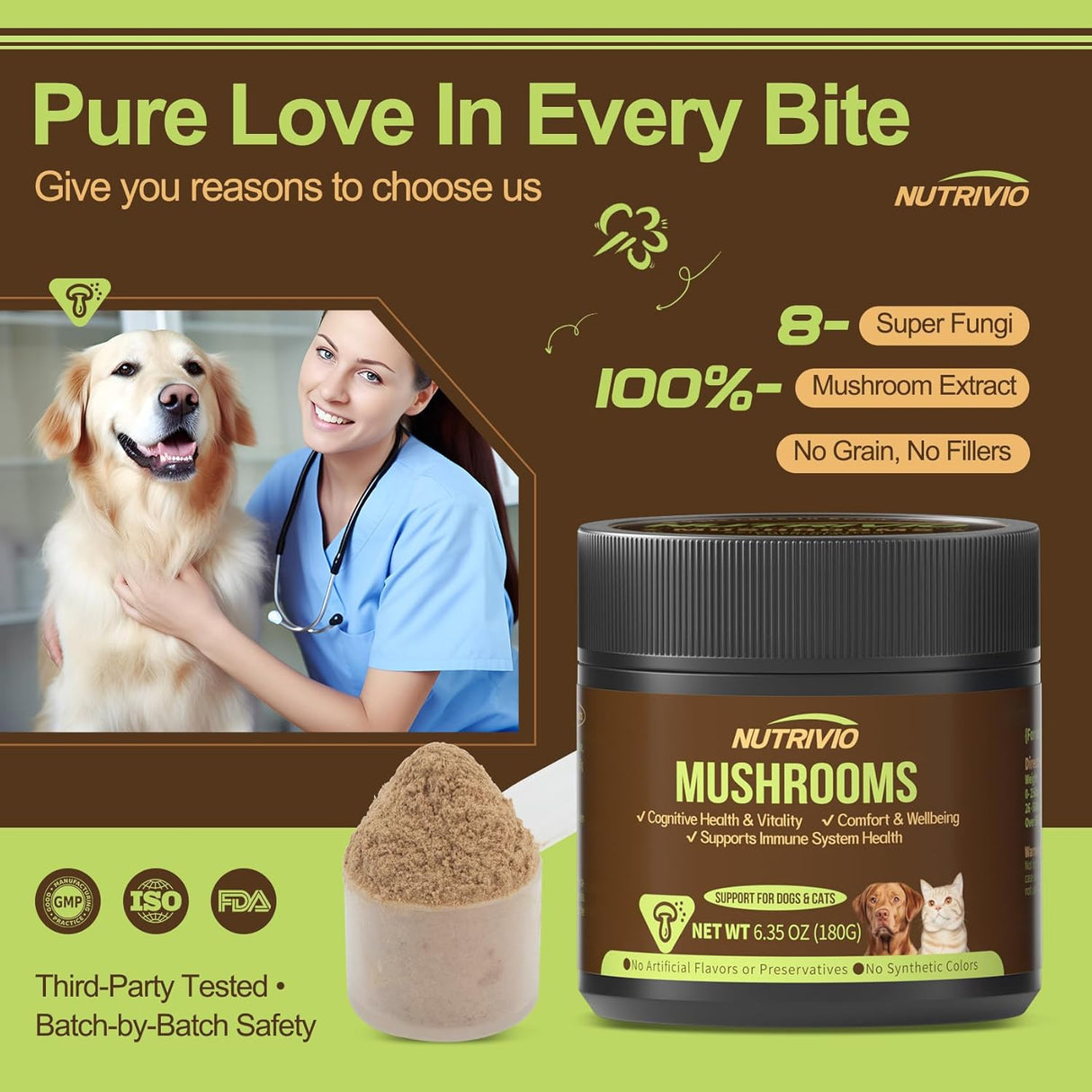 NUTRIVIO Organic Mushroom Immune Support Supplement for Dogs 180Gr.