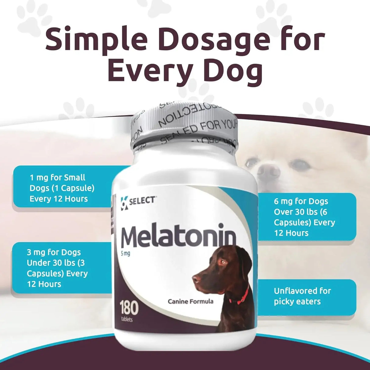 K9 SELECT - K9 Select Melatonin for Large Dogs Unflavored 5Mg. 180 Capsulas - The Red Vitamin MX - Relajantes Para Perros - {{ shop.shopifyCountryName }}