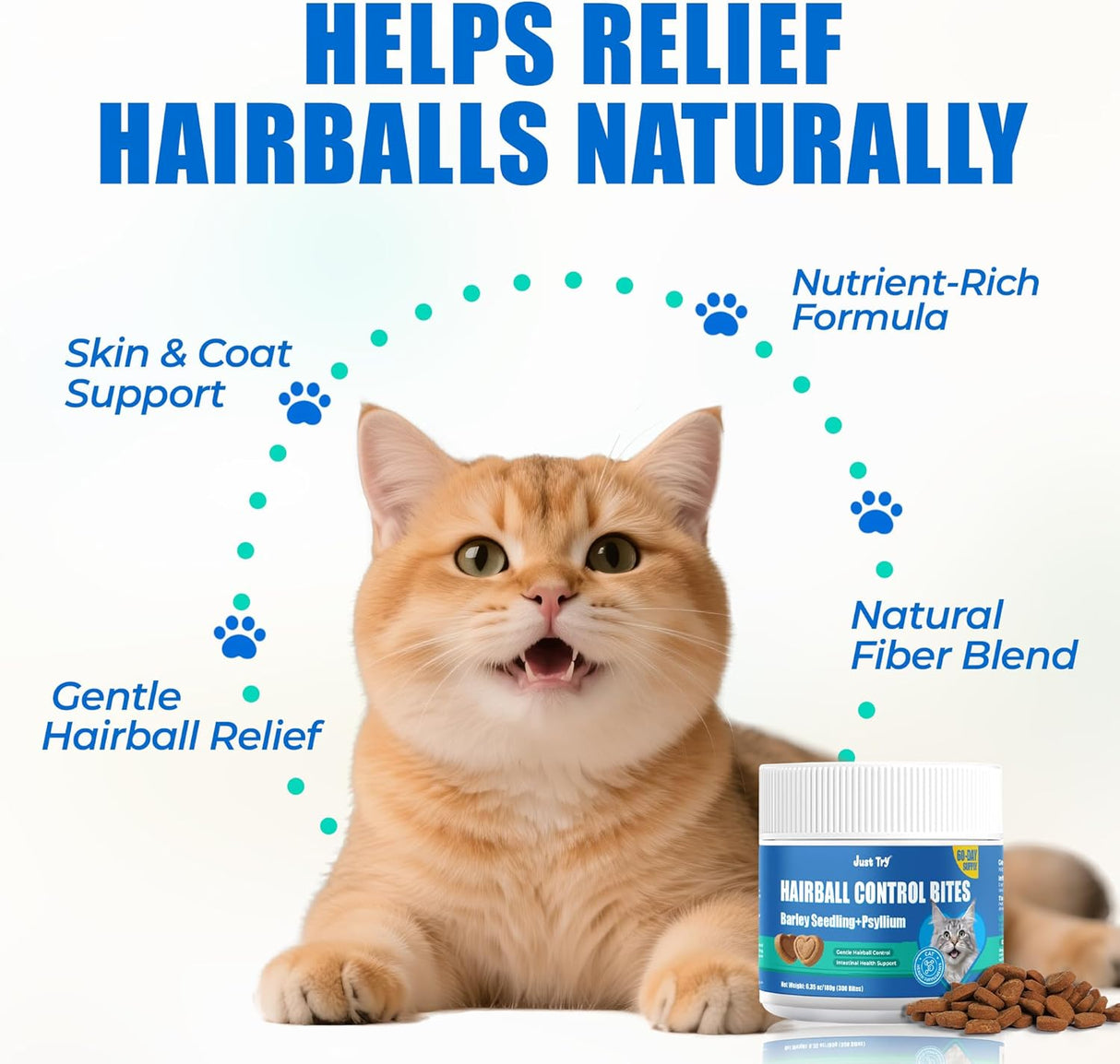 Just Try Cat Grass Hairball Relief & Digestive Support Cat Treats 300 Masticables