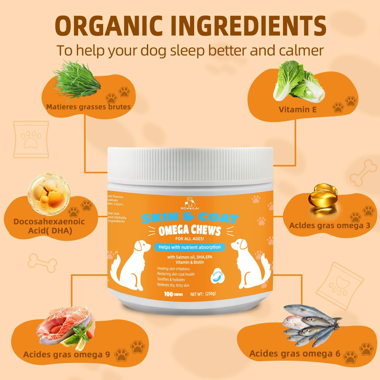 NEWXILAI Skin and Coat Chews for Dogs 100 Masticables