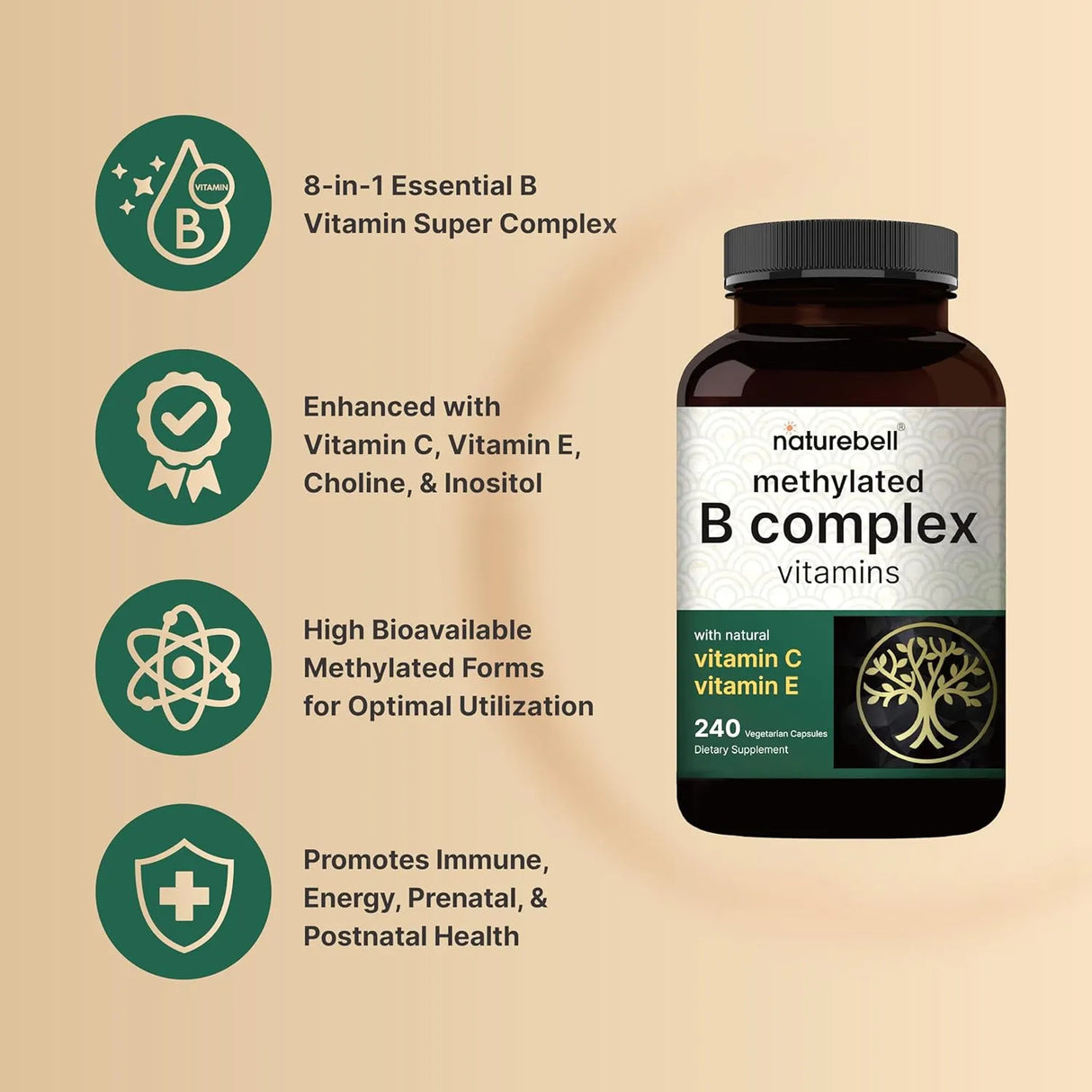 NATUREBELL - NatureBell Methylated B Complex 240 Capsulas - The Red Vitamin MX - Suplementos Alimenticios - {{ shop.shopifyCountryName }}