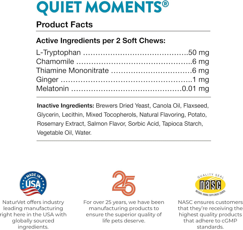 NaturVet Quiet Moments Calming Aid Cat Supplement Plus Melatonin 60 Masticables