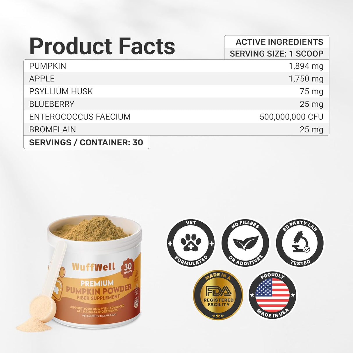 WuffWell Pumpkin Powder for Dogs with Probiotics 30 Servicios 114Gr.