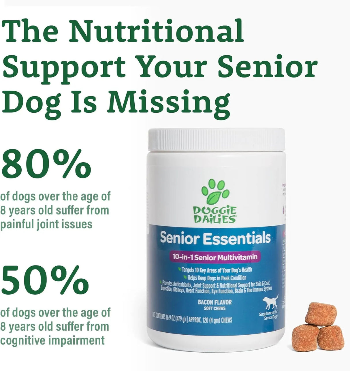 DOGGIE DAILIES - Doggie Dailies Senior Essentials Multivitamin for Dogs Bacon Flavor 120 Masticables - The Red Vitamin MX - Multivitamínicos Para Perros - {{ shop.shopifyCountryName }}