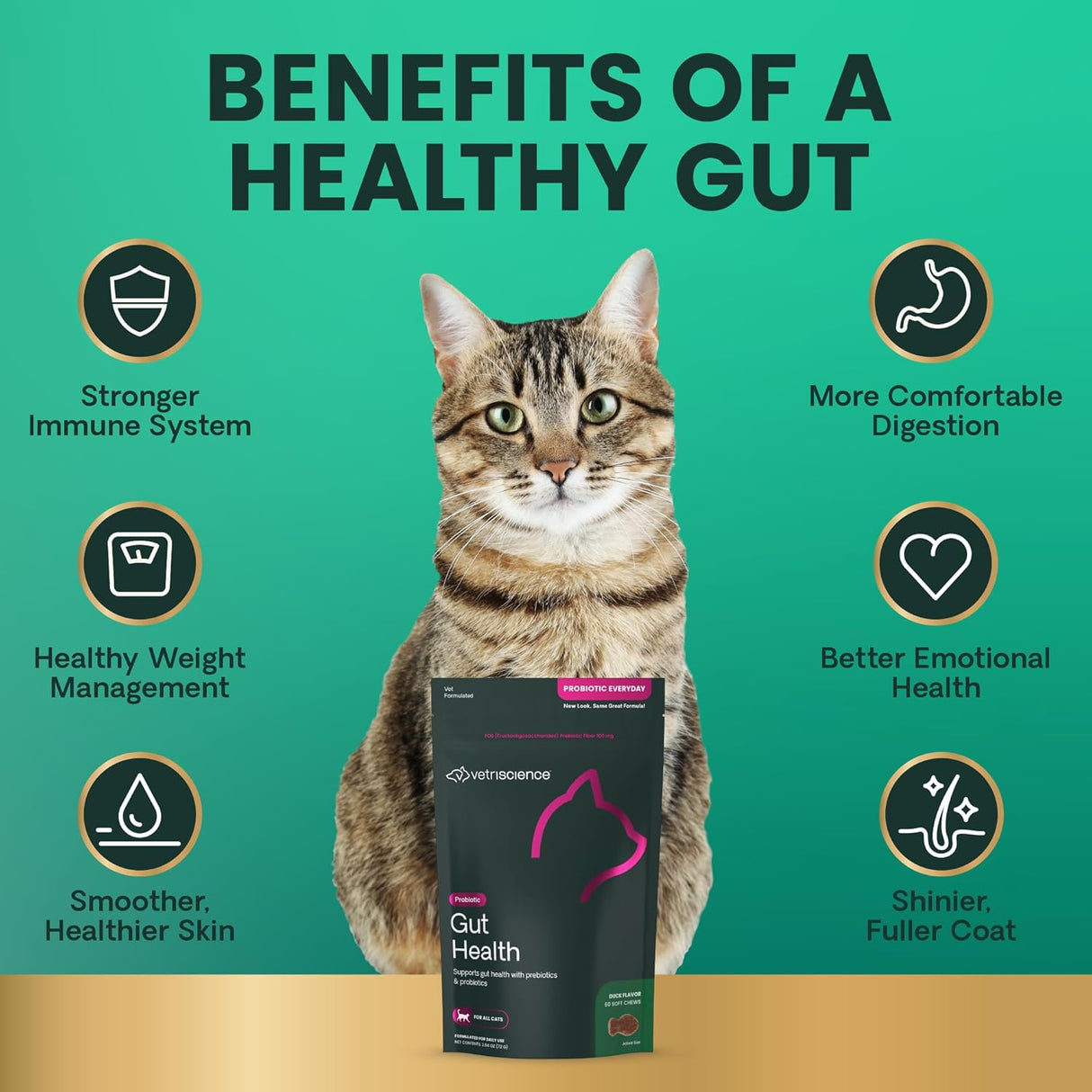 VetriScience Gut Health Probiotic & Prebiotic Digestive for Cats 60 Masticables