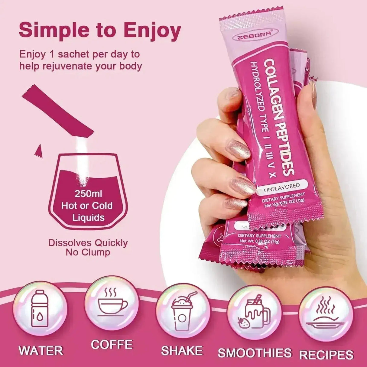 ZEBORA - ZEBORA Collagen Peptides Powder Packets with Hyaluronic Acid Biotin, MCT 30 Paquetes - The Red Vitamin MX - Suplementos Alimenticios - {{ shop.shopifyCountryName }}