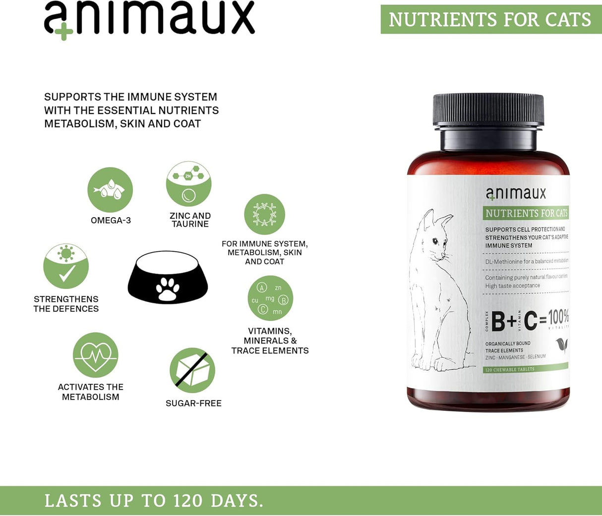 Animaux Nutrients for Cats 120 Tabletas Masticables