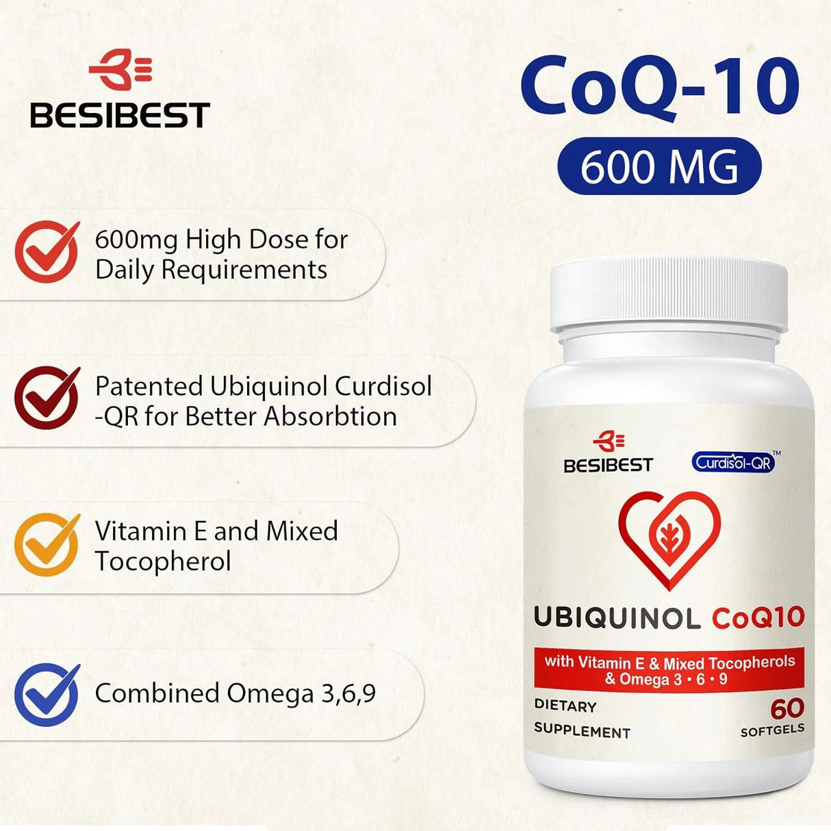 BESIBEST - Besibest Ubiquinol CoQ10 600Mg. 60 Capsulas Blandas - The Red Vitamin MX - Suplementos Alimenticios - {{ shop.shopifyCountryName }}