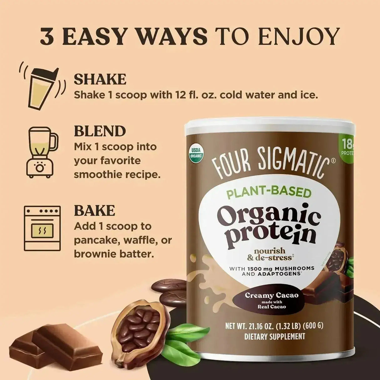 FOUR SIGMATIC - Four Sigmatic Organic Vegan Protein Powder Creamy Cacao 600Gr. - The Red Vitamin MX - Suplementos Alimenticios - {{ shop.shopifyCountryName }}
