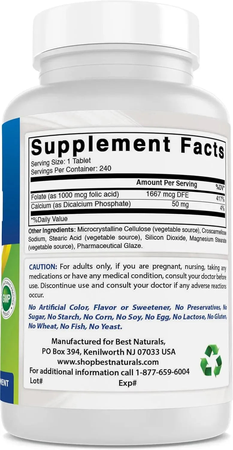 BEST NATURALS - Best Naturals Folic Acid 1000mcg 240 Tabletas 2 Pack - The Red Vitamin MX - Suplementos Alimenticios - {{ shop.shopifyCountryName }}