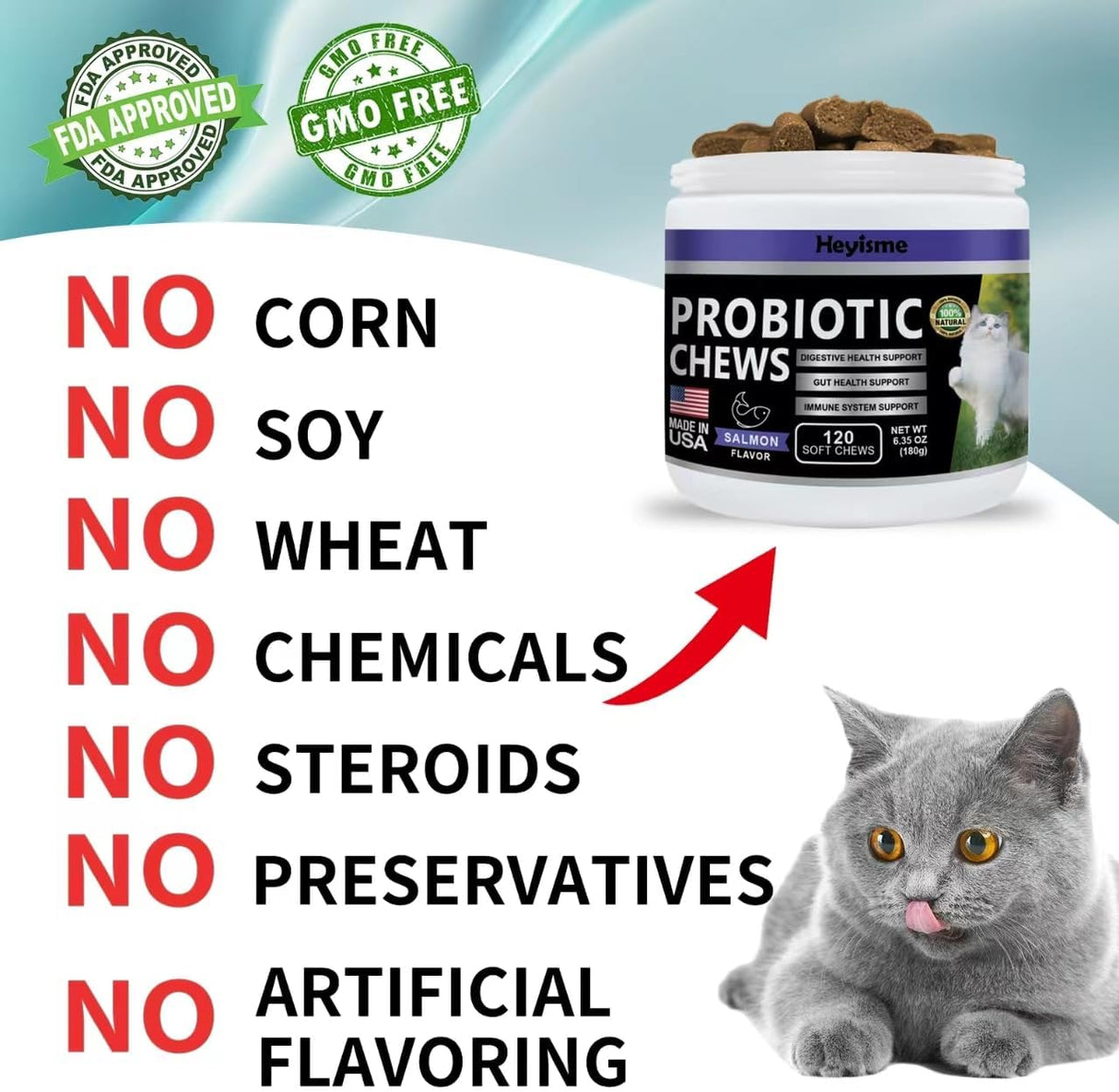HEYISME Cat Probiotic Chews for Gut and Immune Health 120 Masticables